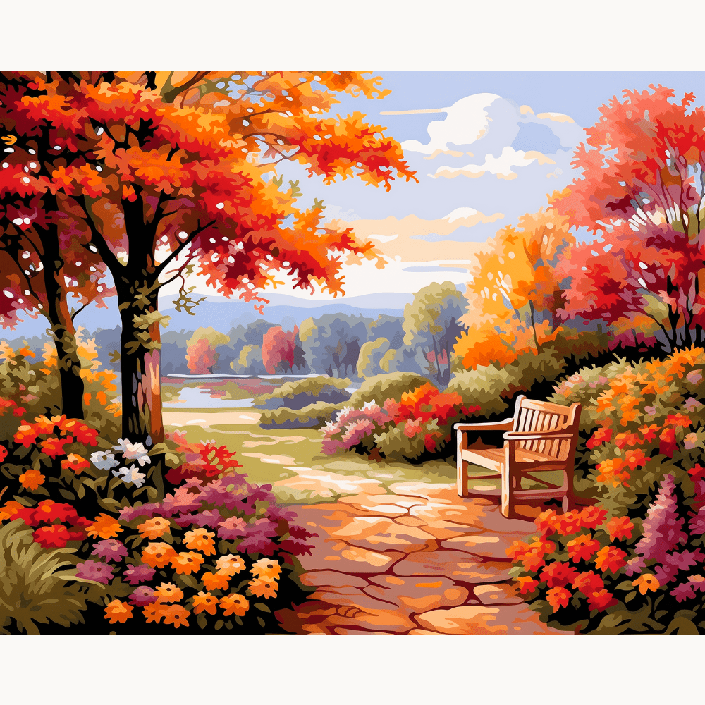 The image presents a serene scene of an autumn garden pathway.