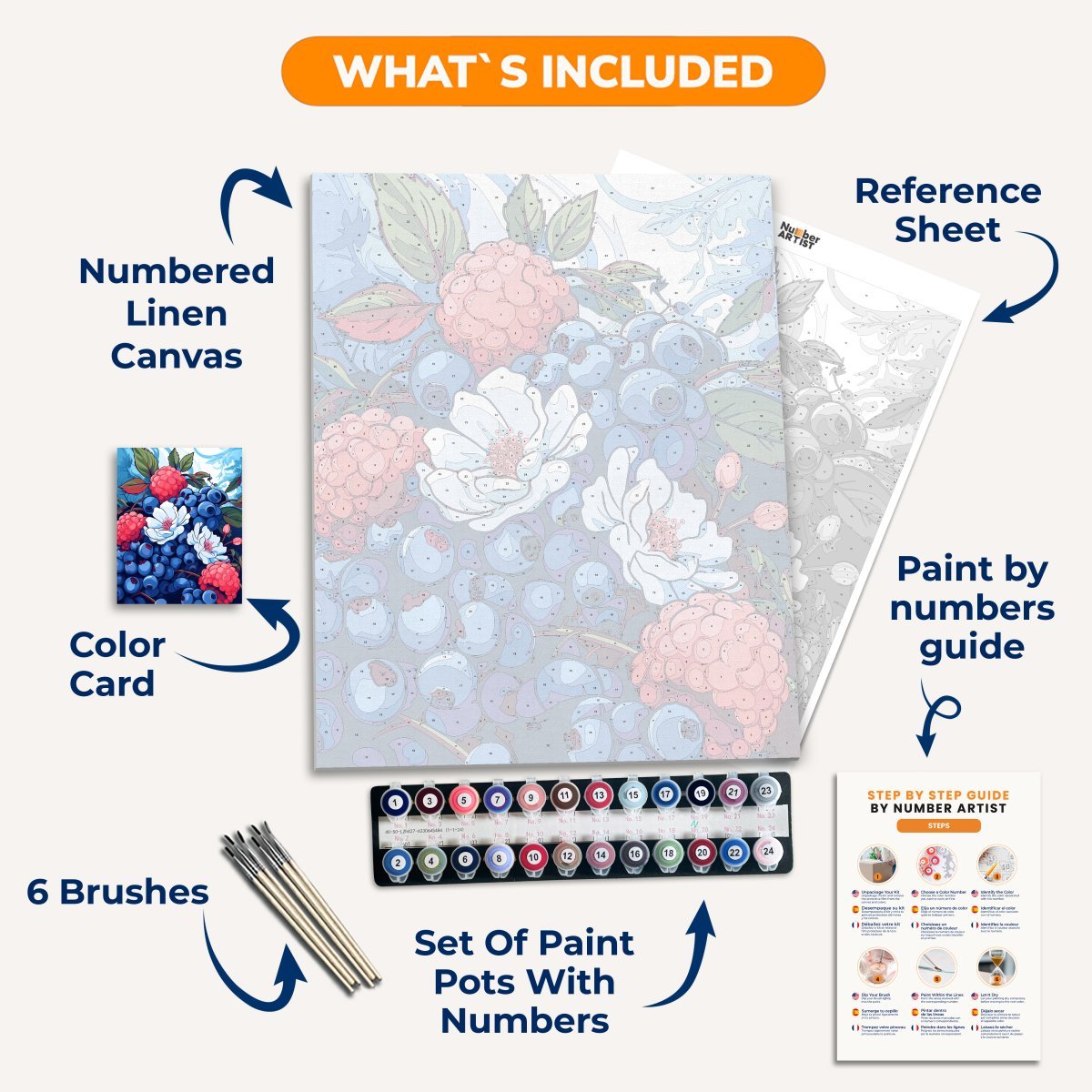 The image showcases a bountiful collection of blueberries and white flowers arranged neatly next to each other.