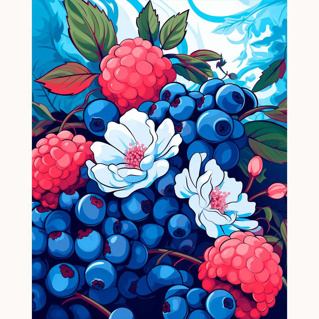 The image showcases a bountiful collection of blueberries and white flowers arranged neatly next to each other.