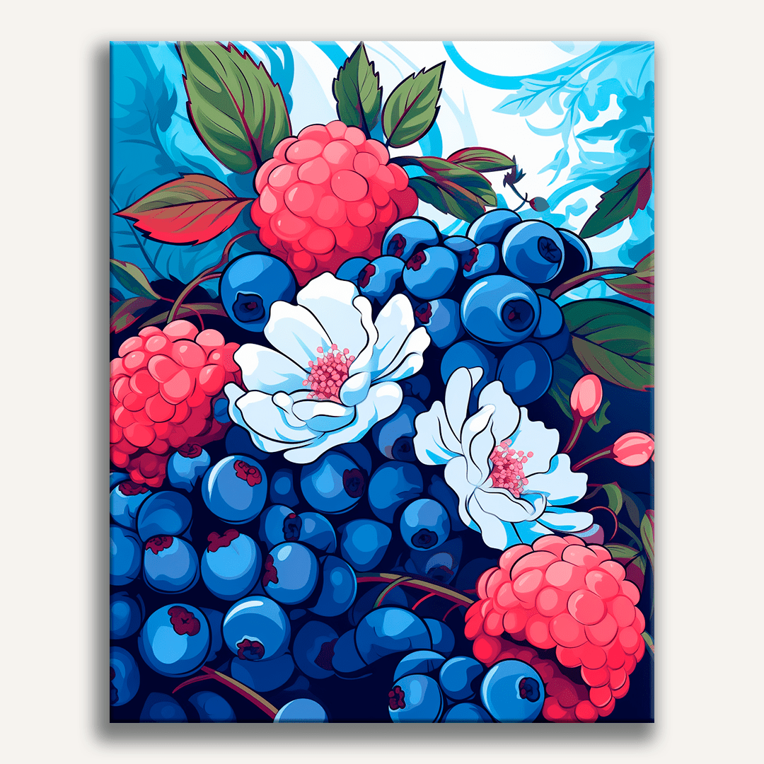 The image showcases a bountiful collection of blueberries and white flowers arranged neatly next to each other.
