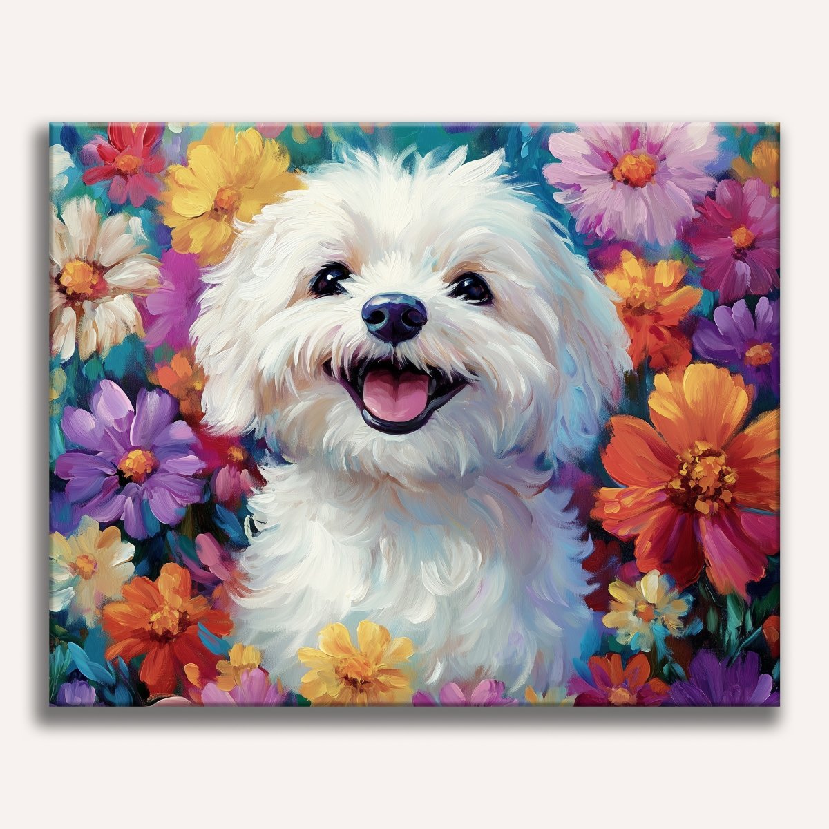 A dog with a happy expression is depicted against a colorful floral background.