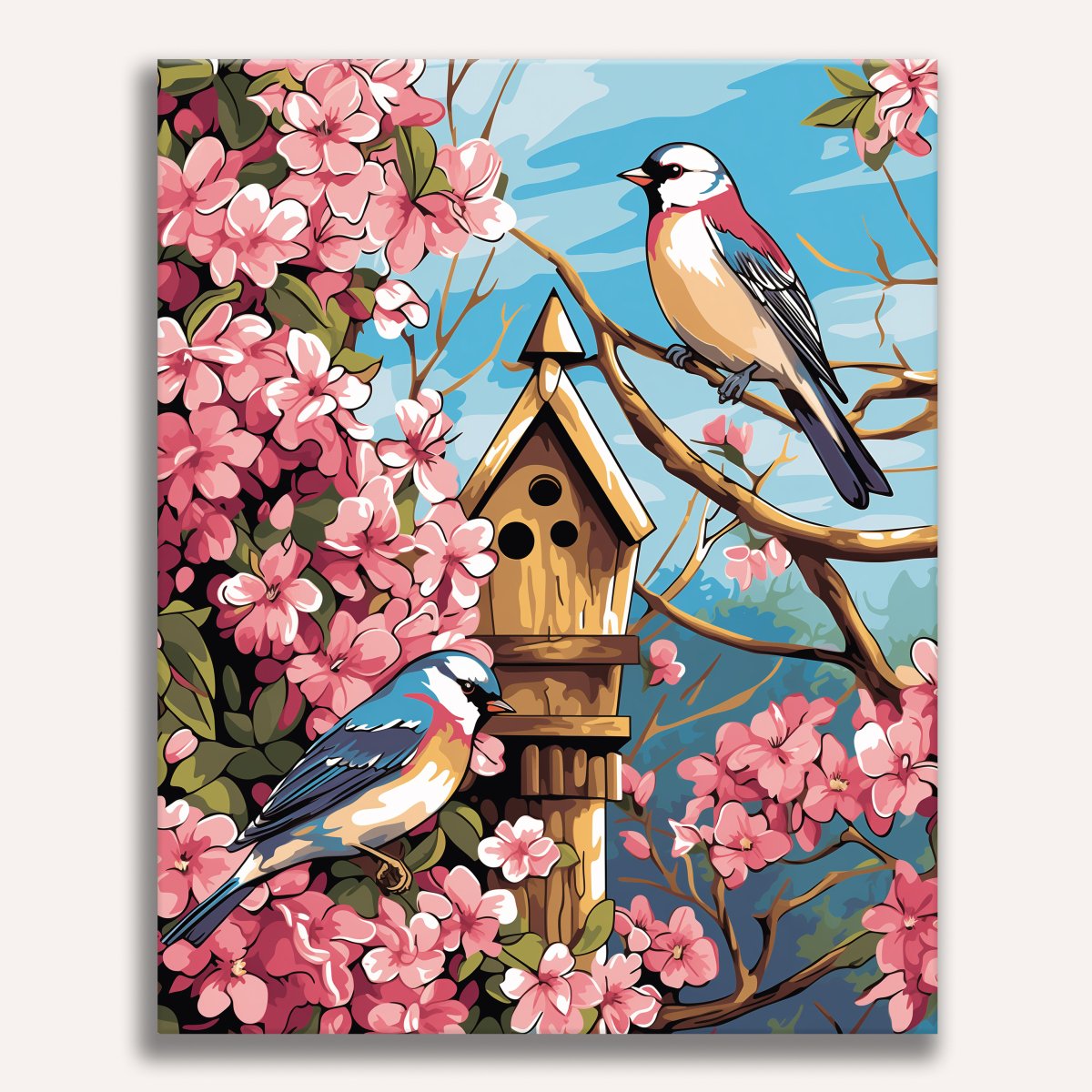 A painting depicts two small birds perched on a birdhouse nestled among pink blossoms and branches..