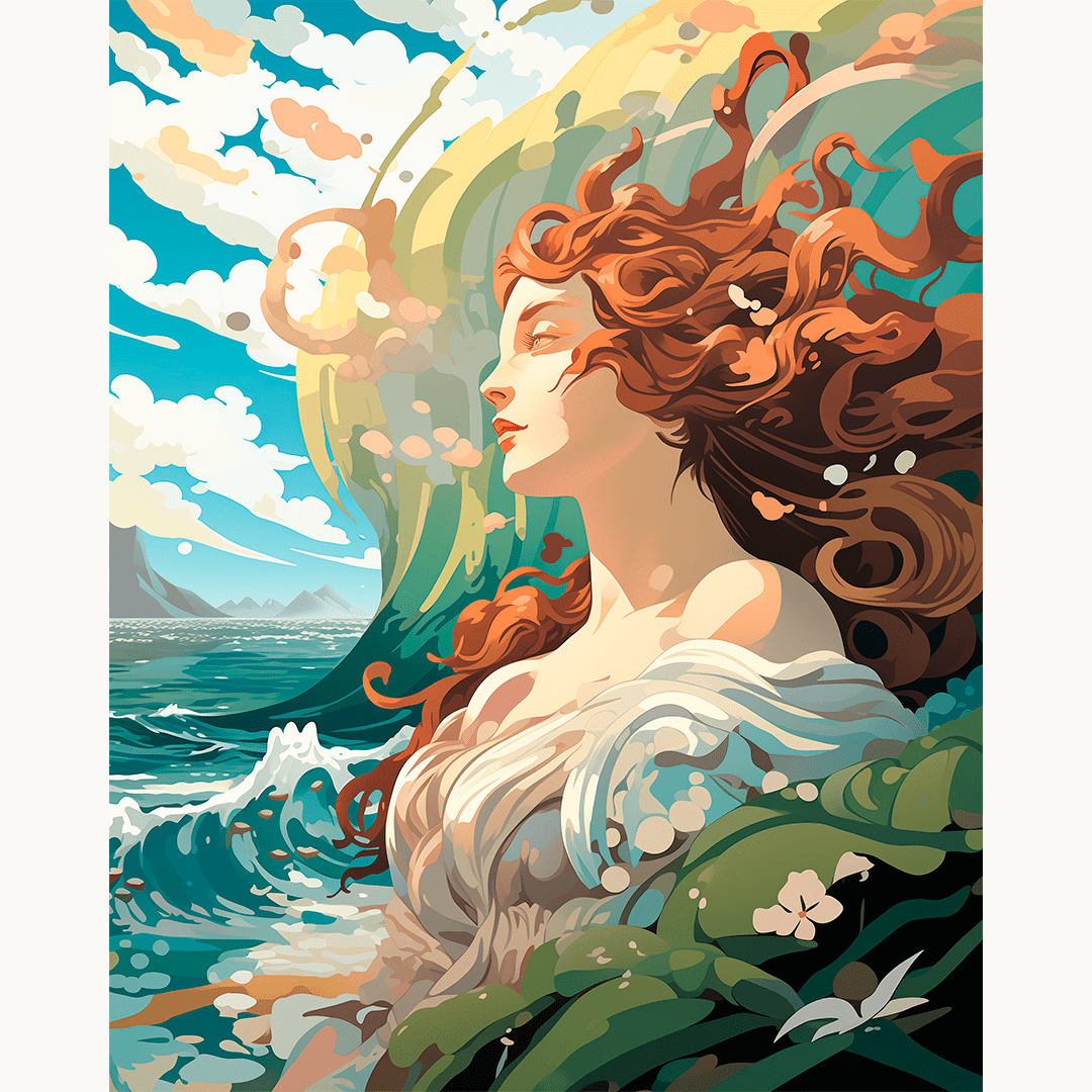 A digital illustration features a woman with flowing red hair, gazing out towards the horizon over vast blue ocean waves.