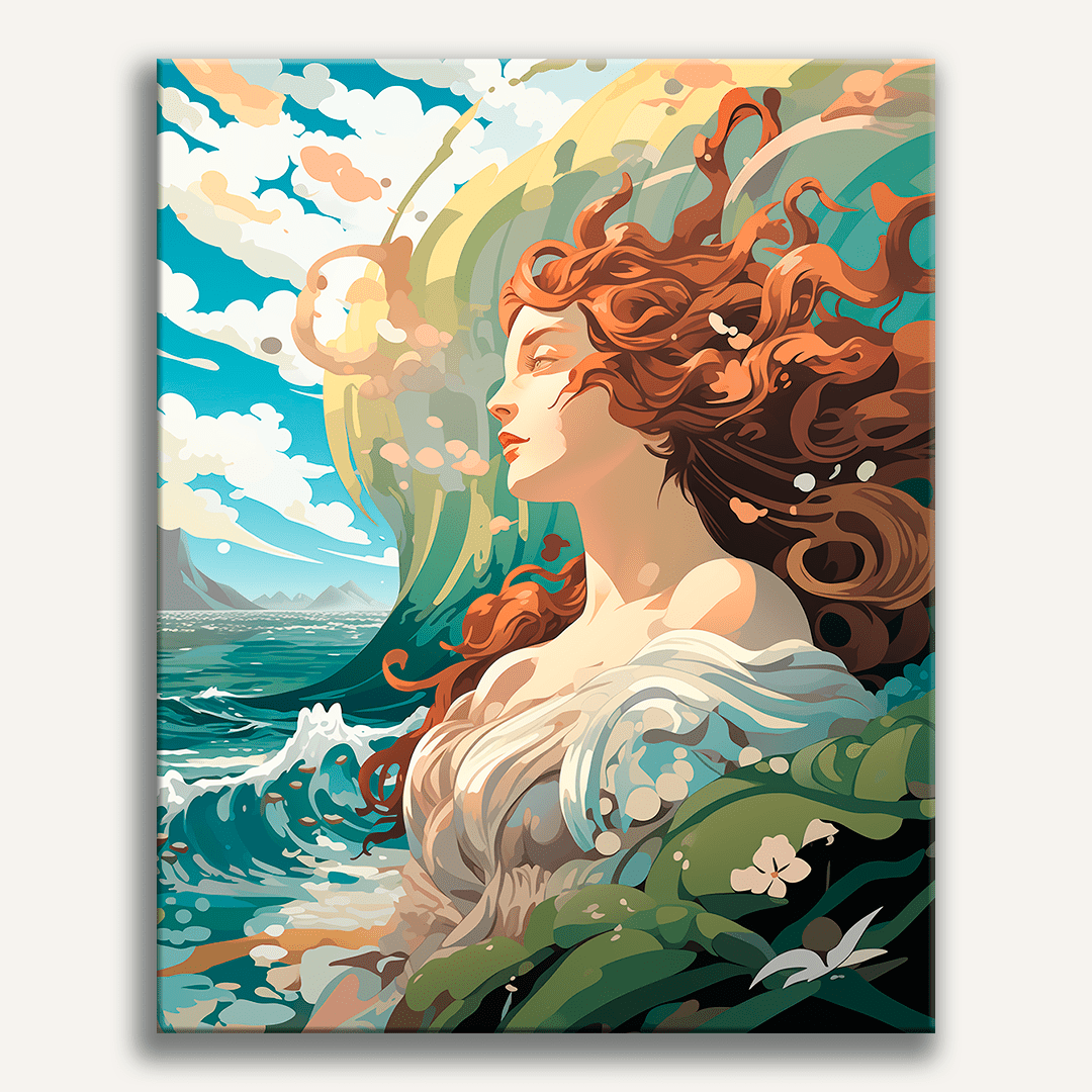A digital illustration features a woman with flowing red hair, gazing out towards the horizon over vast blue ocean waves.