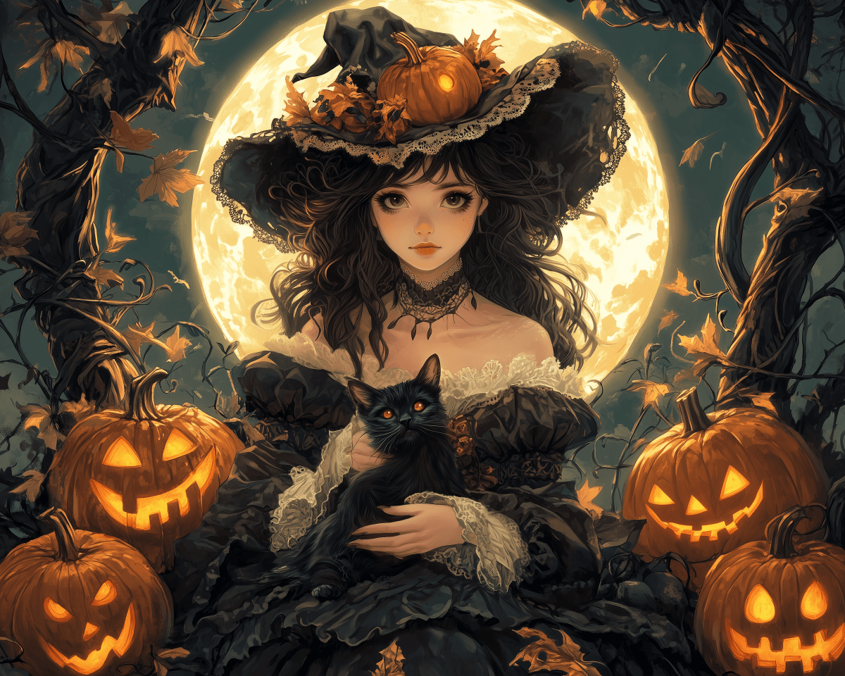 In the center of the image, a person sits on a large pumpkin, surrounded by festive Halloween elements.