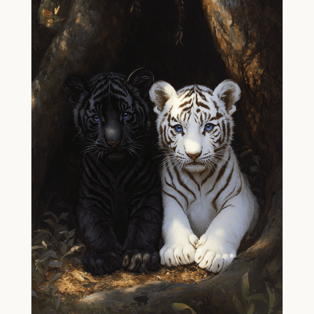 A striking poster features two cubs, one black and one white, resting within a natural tree cavity.