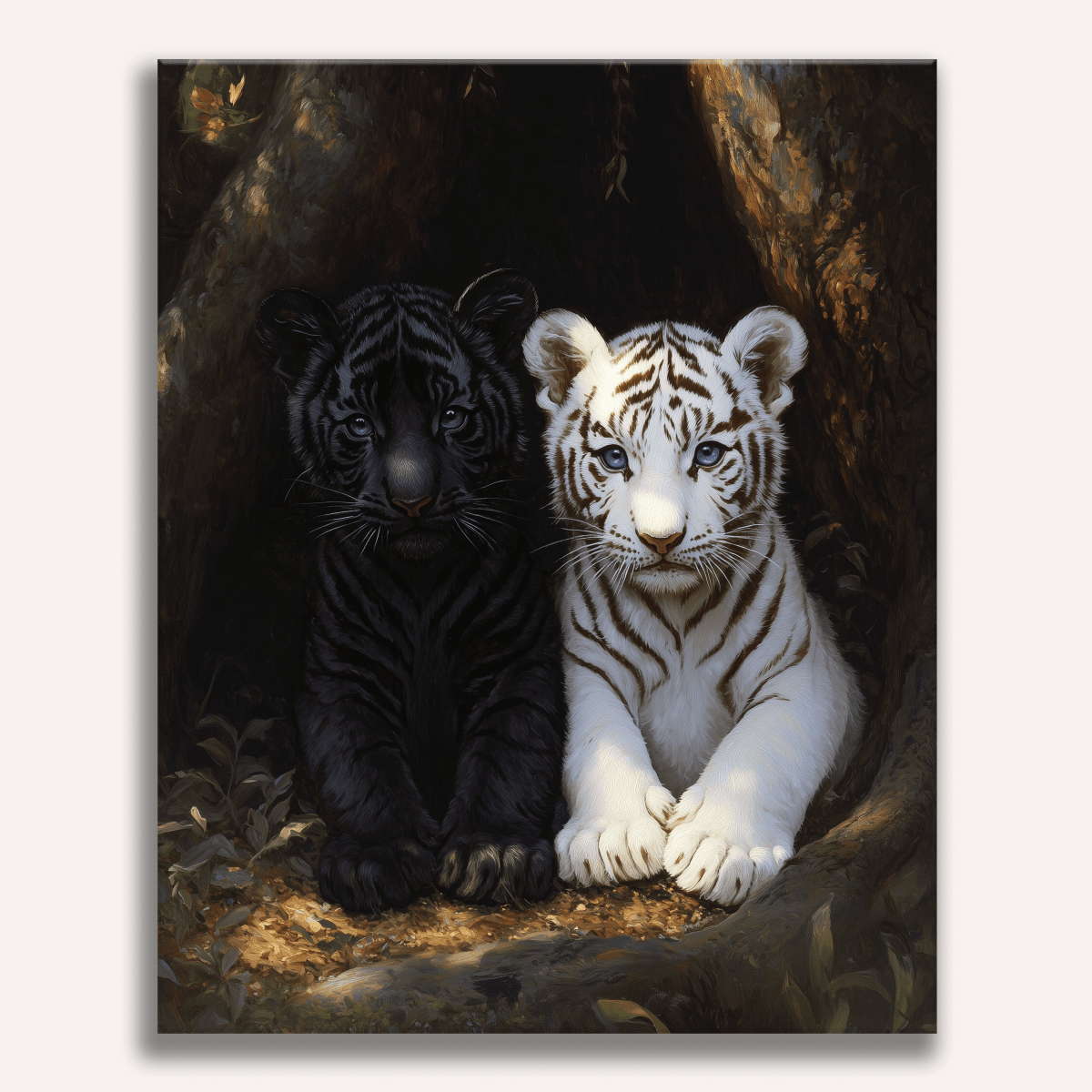 A striking poster features two cubs, one black and one white, resting within a natural tree cavity.