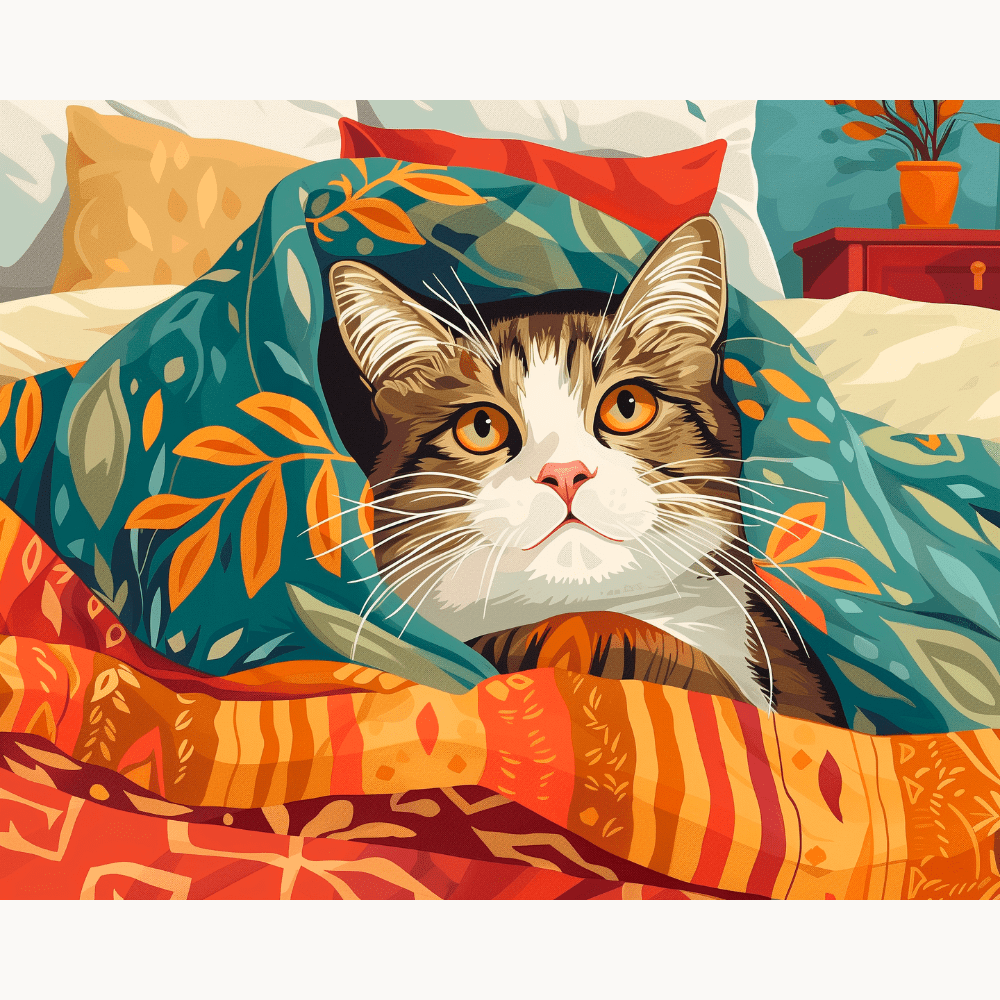 This image features a stylized cat peeking out from under a colorful blanket.