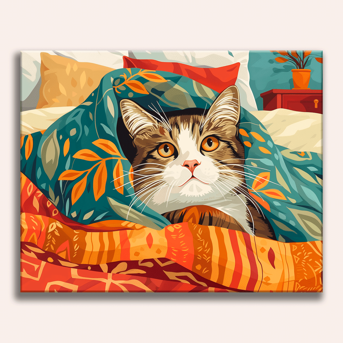 This image features a stylized cat peeking out from under a colorful blanket.