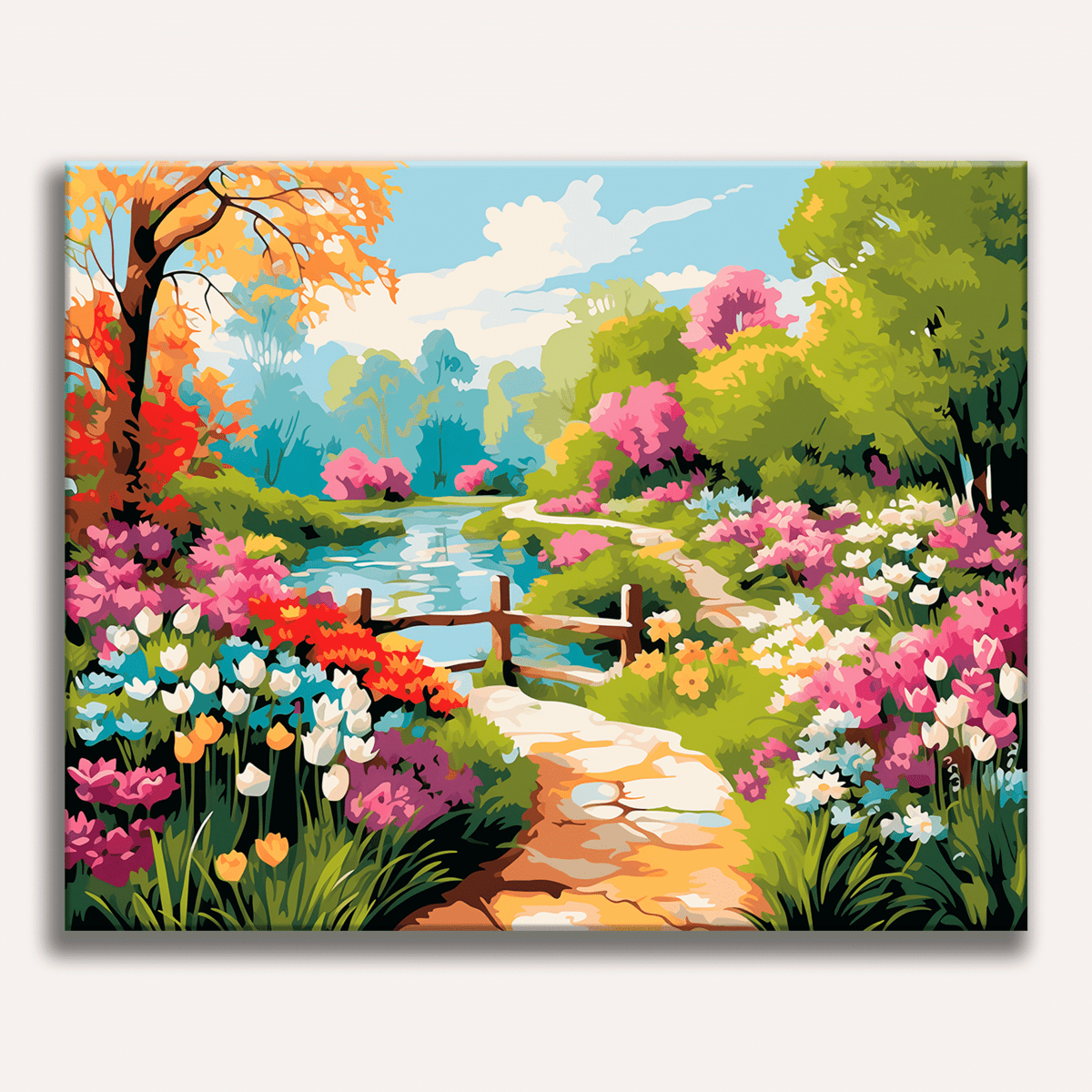 A vibrant digital art print featuring a serene landscape with a winding path flanked by colorful flowers leading to a charming cottage, set against a backdrop of a clear blue sky and lush greenery..