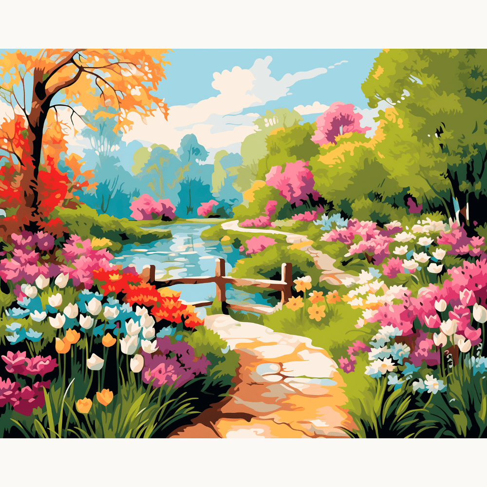 A vibrant digital art print featuring a serene landscape with a winding path flanked by colorful flowers leading to a charming cottage, set against a backdrop of a clear blue sky and lush greenery..