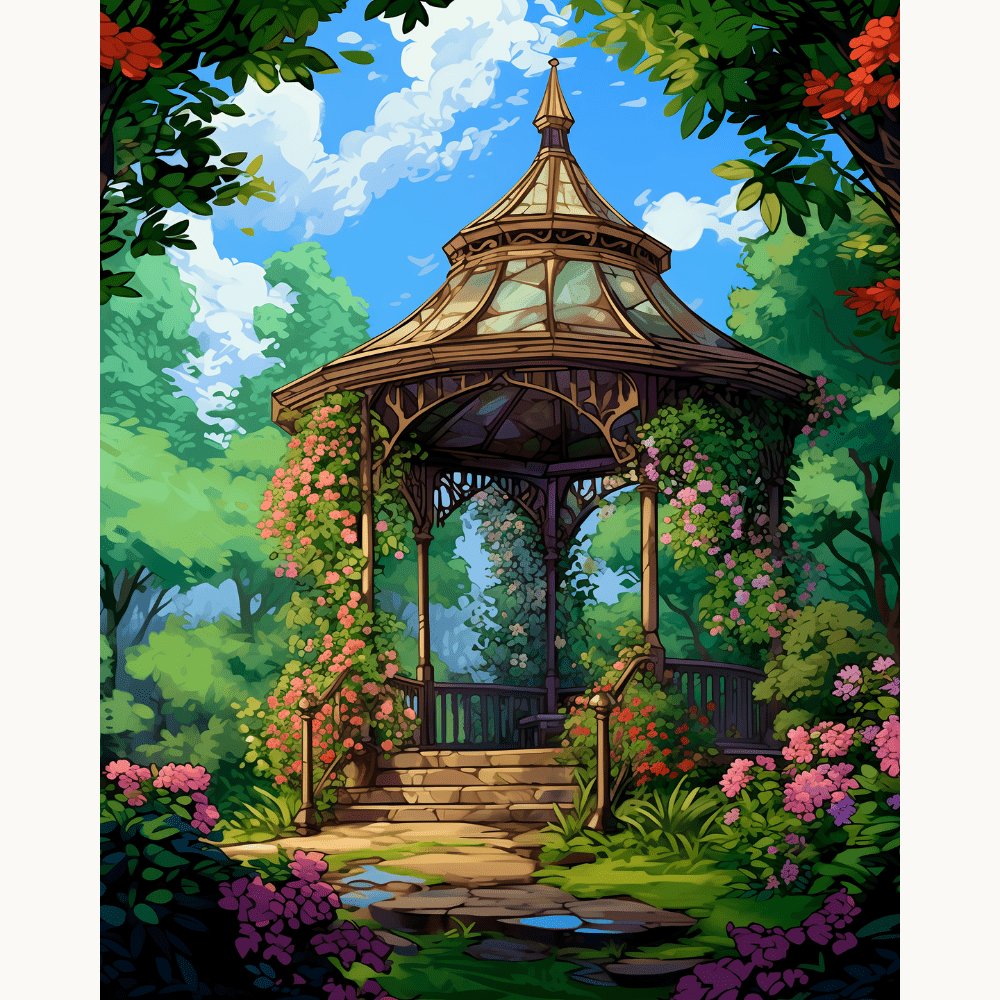 A vibrant scene features a whimsical, ornate wooden gazebo nestled amidst lush greenery.