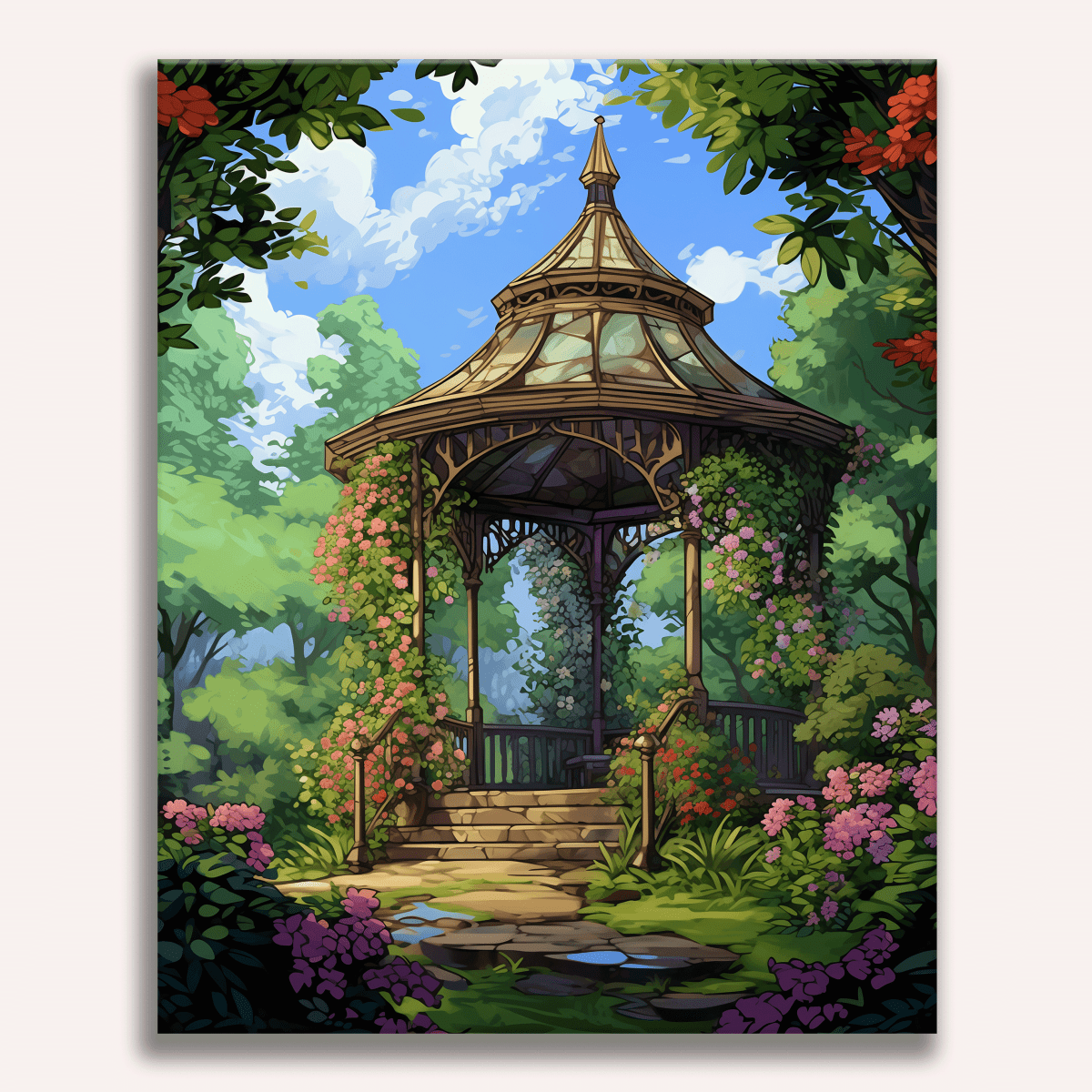 A vibrant scene features a whimsical, ornate wooden gazebo nestled amidst lush greenery.