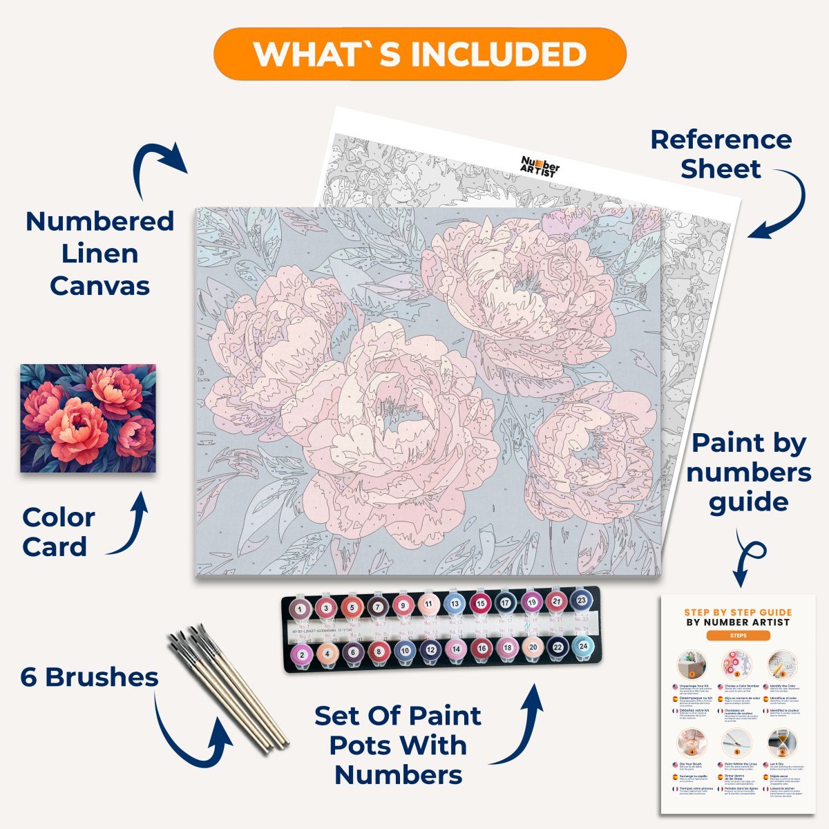 This is a square graphic featuring three large peach-colored flowers with dark centers and green leaves, set against a dark background.