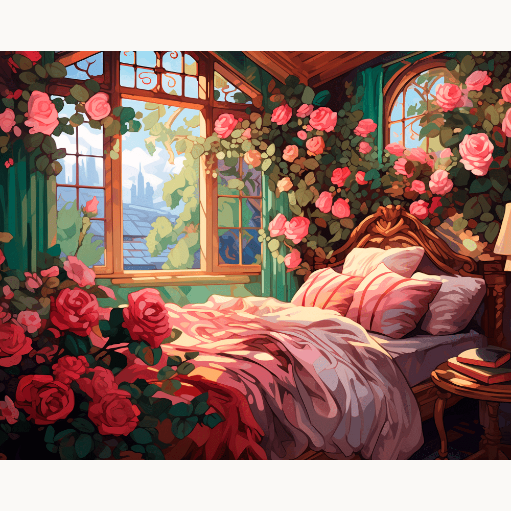 A stylized painting featuring a luxurious bedroom with a large, ornate canopy bed adorned with roses and greenery at its base.