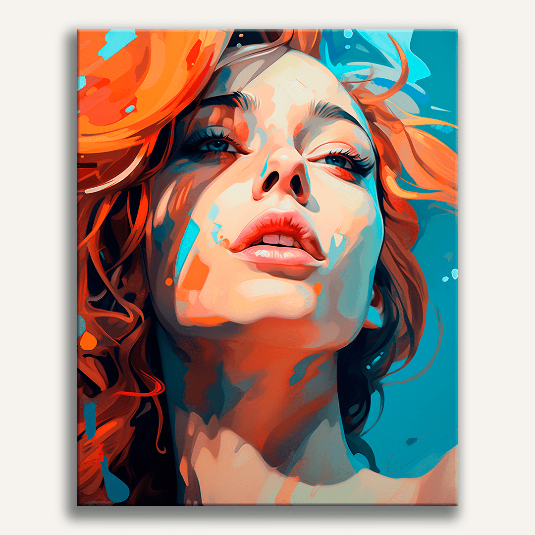 An artistic portrait of a woman, rendered in vibrant colors and with loose, expressive brushstrokes, emphasizing her red hair and the contemplative expression on her face as she gazes off to the side..