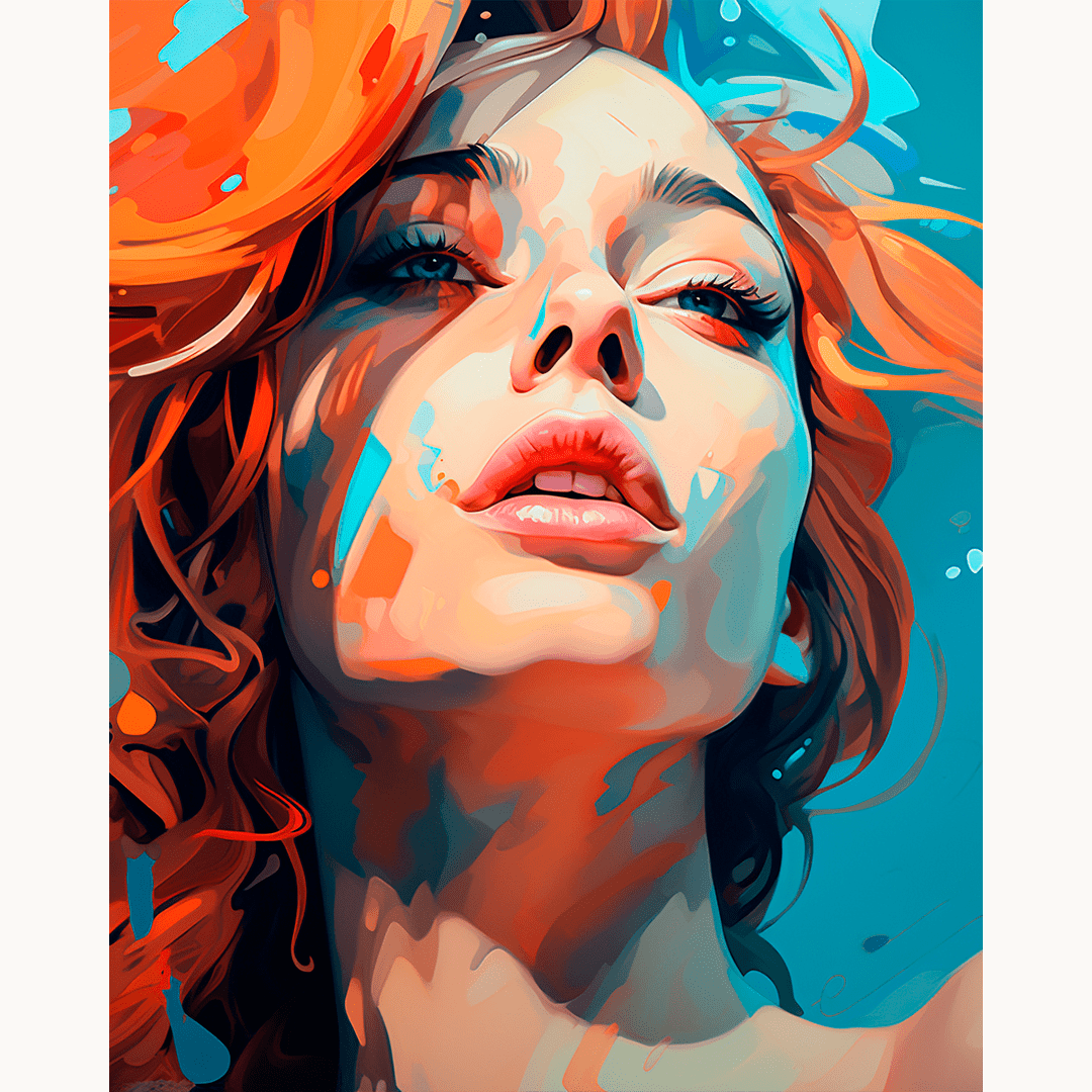 An artistic portrait of a woman, rendered in vibrant colors and with loose, expressive brushstrokes, emphasizing her red hair and the contemplative expression on her face as she gazes off to the side..