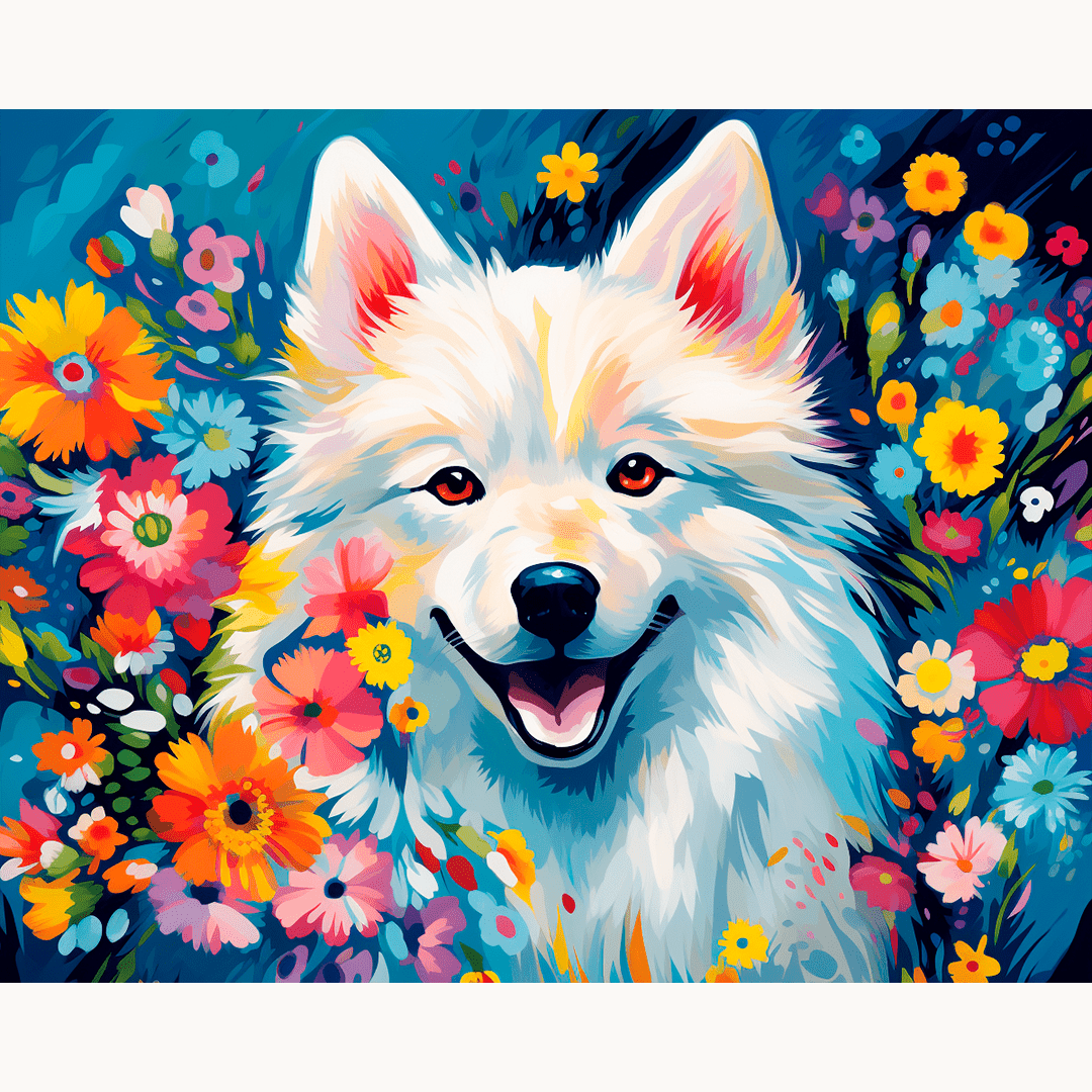 A vibrant digital illustration featuring a wolf dog with a radiant smile against a backdrop of colorful flowers and leaves..