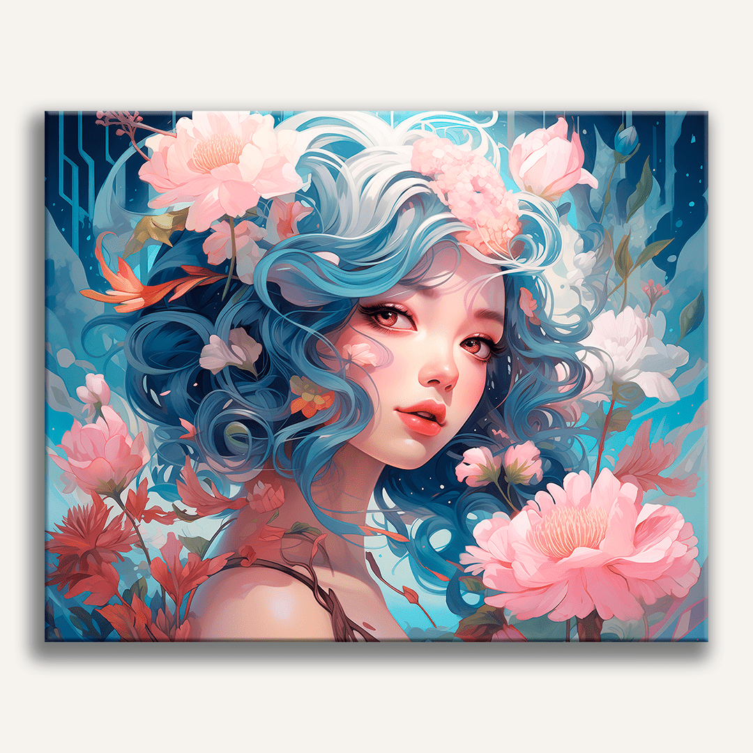 In the image, a young woman with ethereal blue hair is captured.