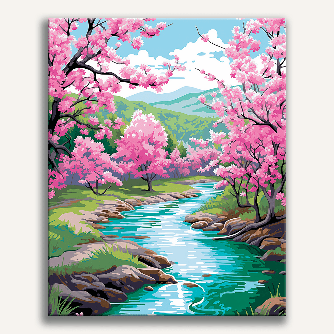A picture of a serene landscape features a winding river that meanders through a valley filled with vibrant cherry blossom trees.