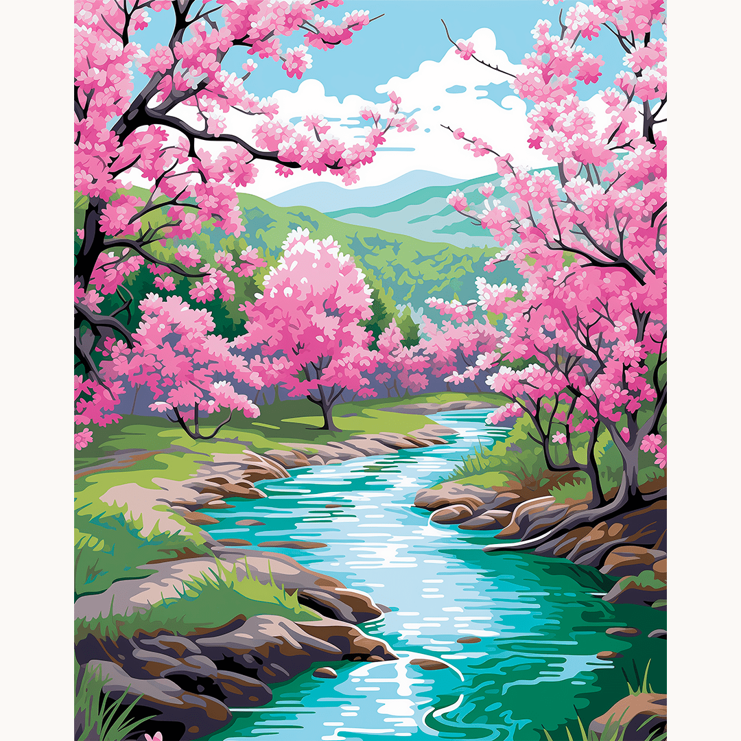 A picture of a serene landscape features a winding river that meanders through a valley filled with vibrant cherry blossom trees.