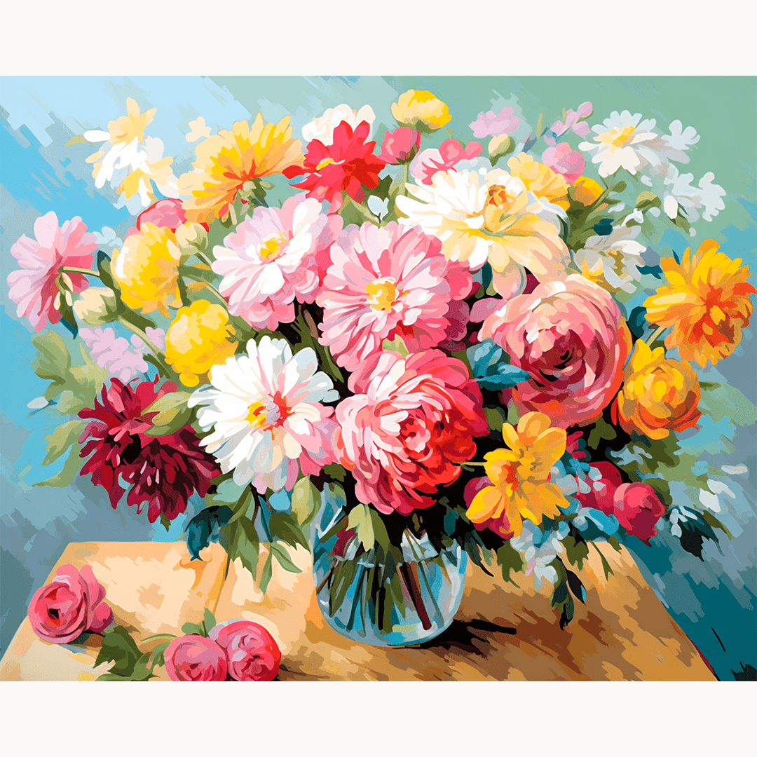 In the image, there is a vase filled with colorful flowers placed on a surface.