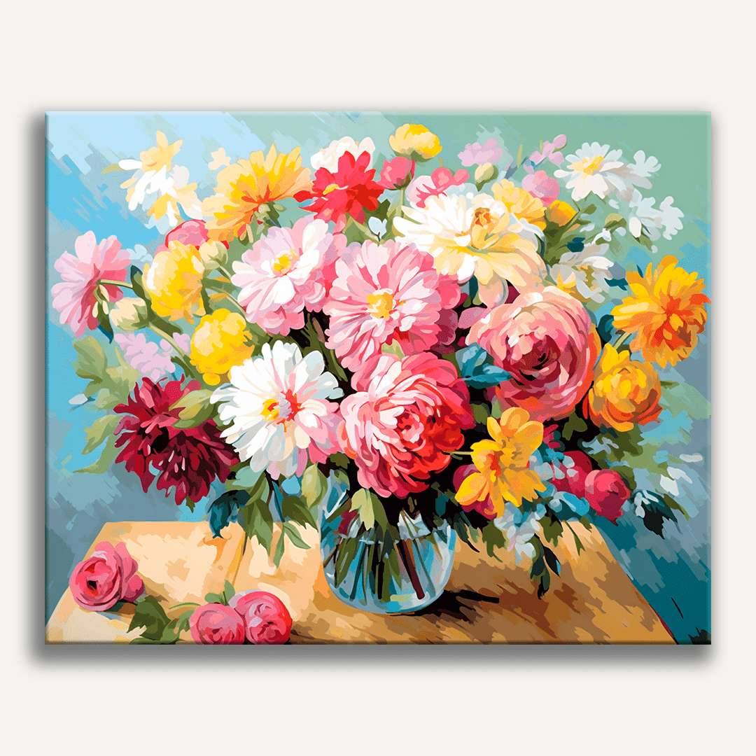 In the image, there is a vase filled with colorful flowers placed on a surface.