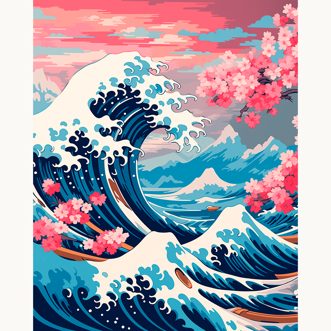 A colorful illustration depicts a vibrant scene of a towering blue wave rolling into shore, where it meets a pink flowering tree and a serene landscape with snow-capped mountains in the distance..