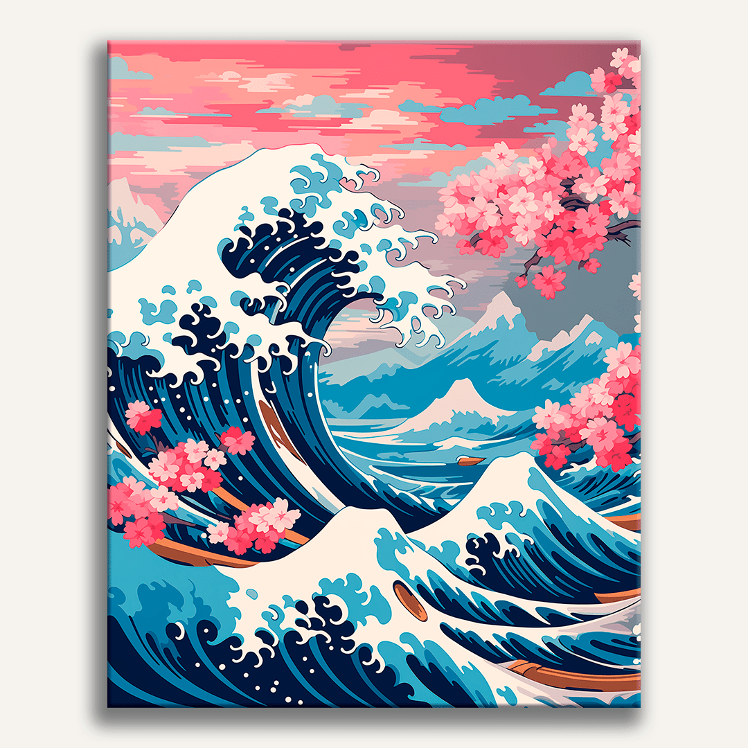 A colorful illustration depicts a vibrant scene of a towering blue wave rolling into shore, where it meets a pink flowering tree and a serene landscape with snow-capped mountains in the distance..