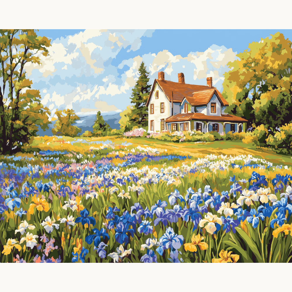 A vibrant landscape painting showcasing a quaint house with a prominent chimney, surrounded by lush greenery and a field filled with various wildflowers, under a clear blue sky..
