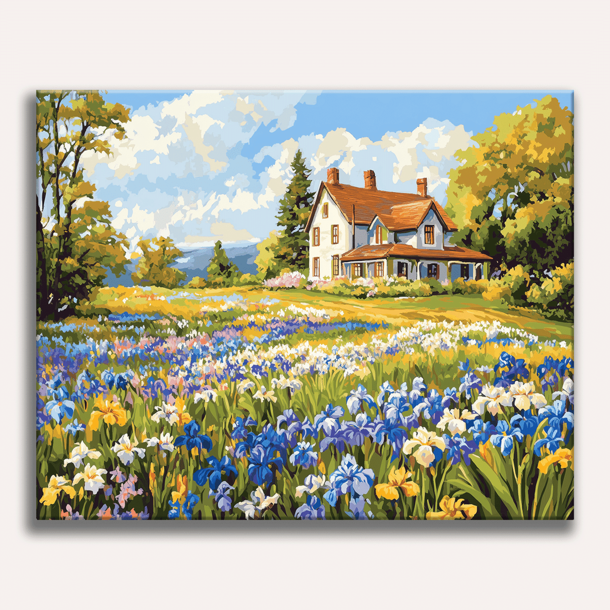 A vibrant landscape painting showcasing a quaint house with a prominent chimney, surrounded by lush greenery and a field filled with various wildflowers, under a clear blue sky..