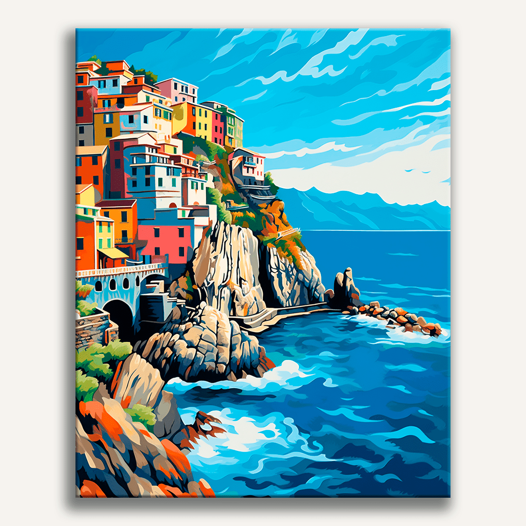 The image depicts a vibrant seaside village nestled on a rocky outcrop by the sea.