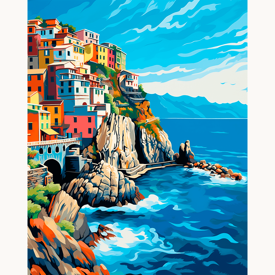 The image depicts a vibrant seaside village nestled on a rocky outcrop by the sea.