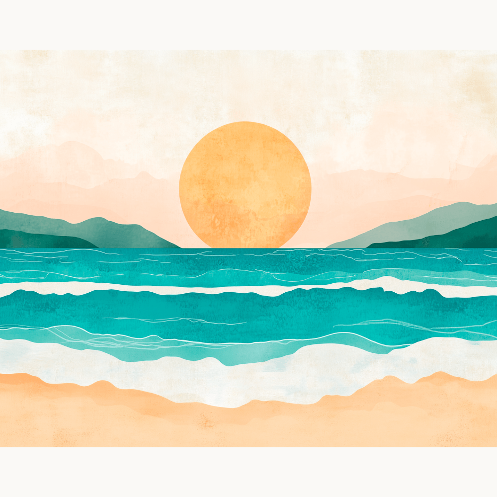 The image presents a serene beach scene viewed from the perspective of an observer standing on the shore.