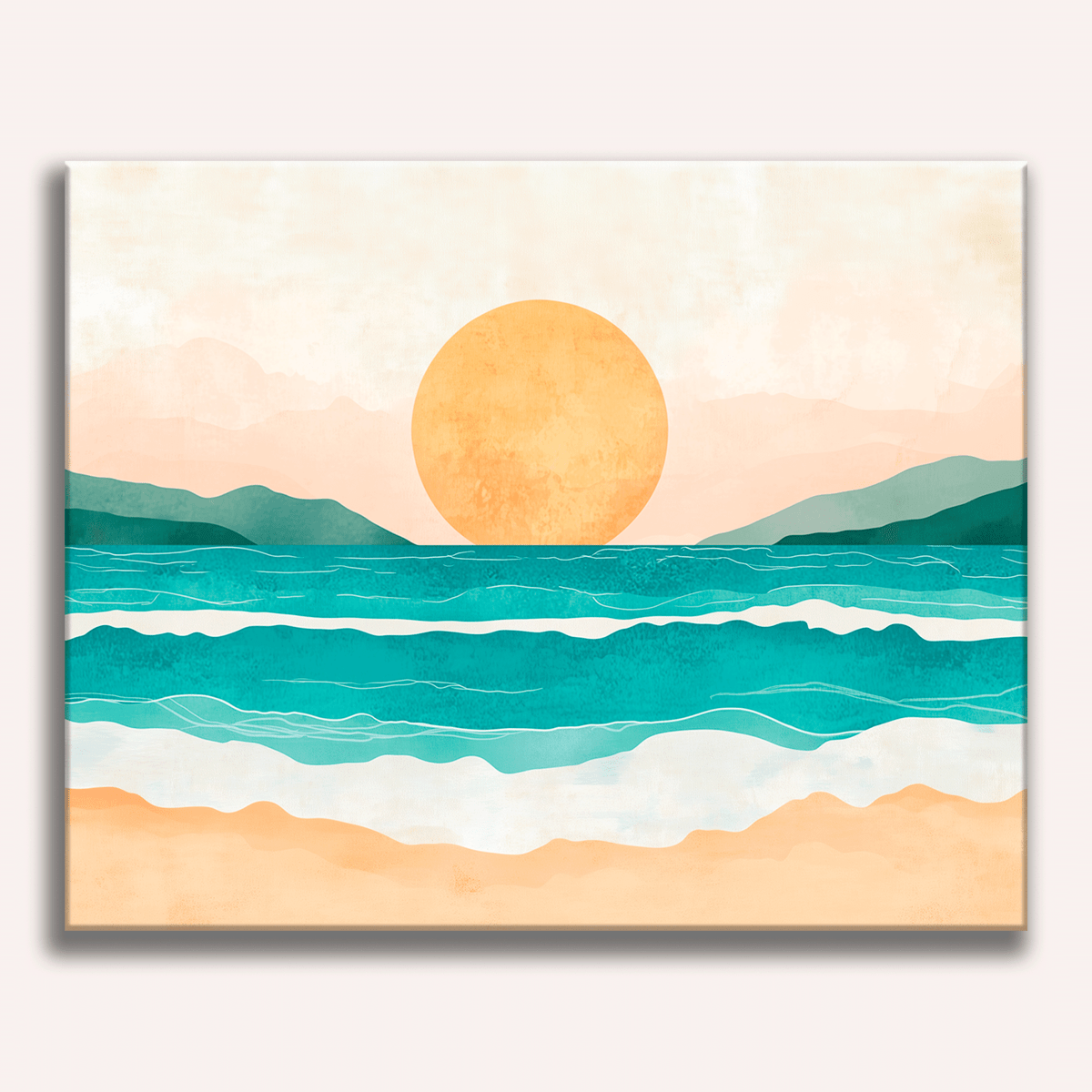 The image presents a serene beach scene viewed from the perspective of an observer standing on the shore.