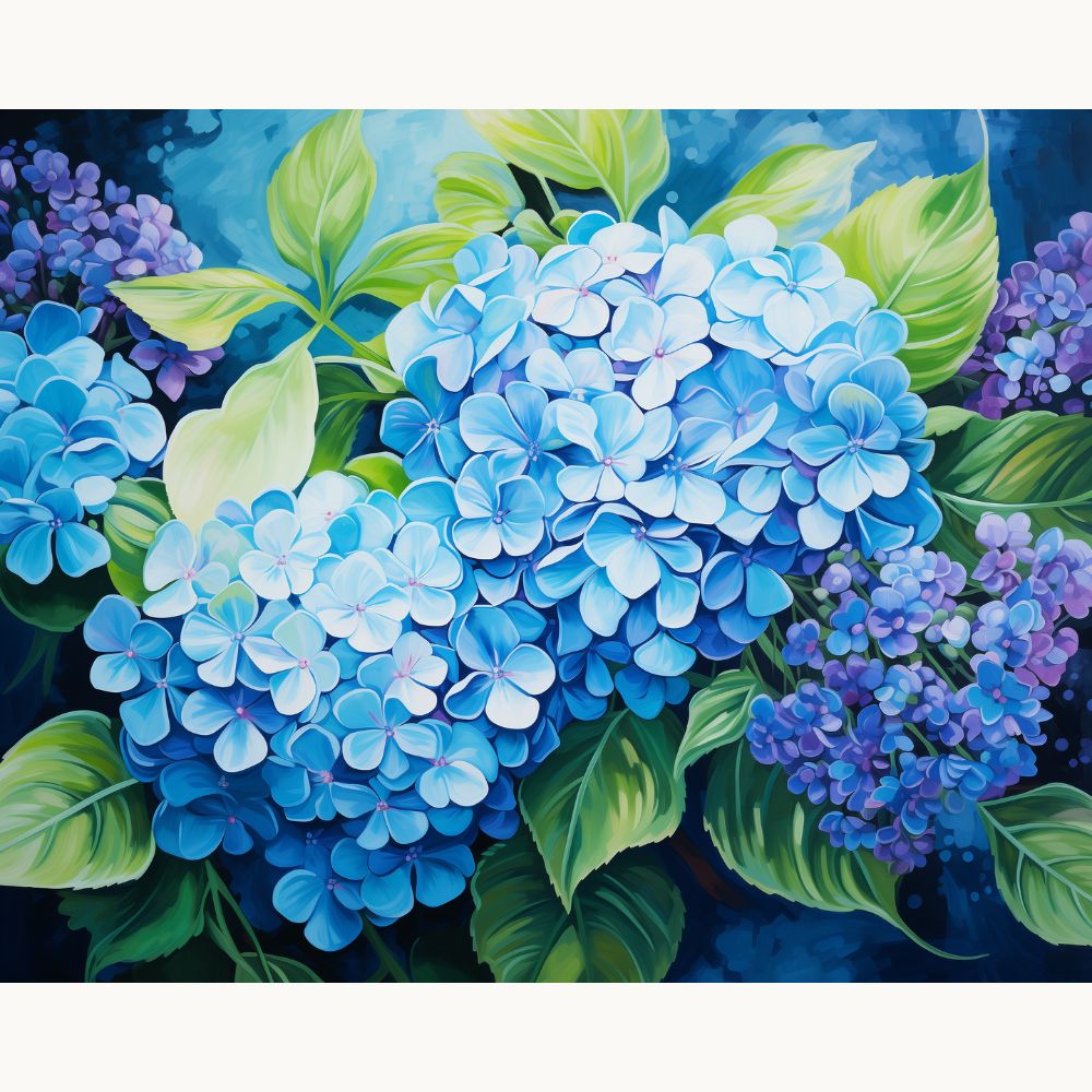 The image presents a captivating floral arrangement centered around large clusters of purple hydrangea blooms.