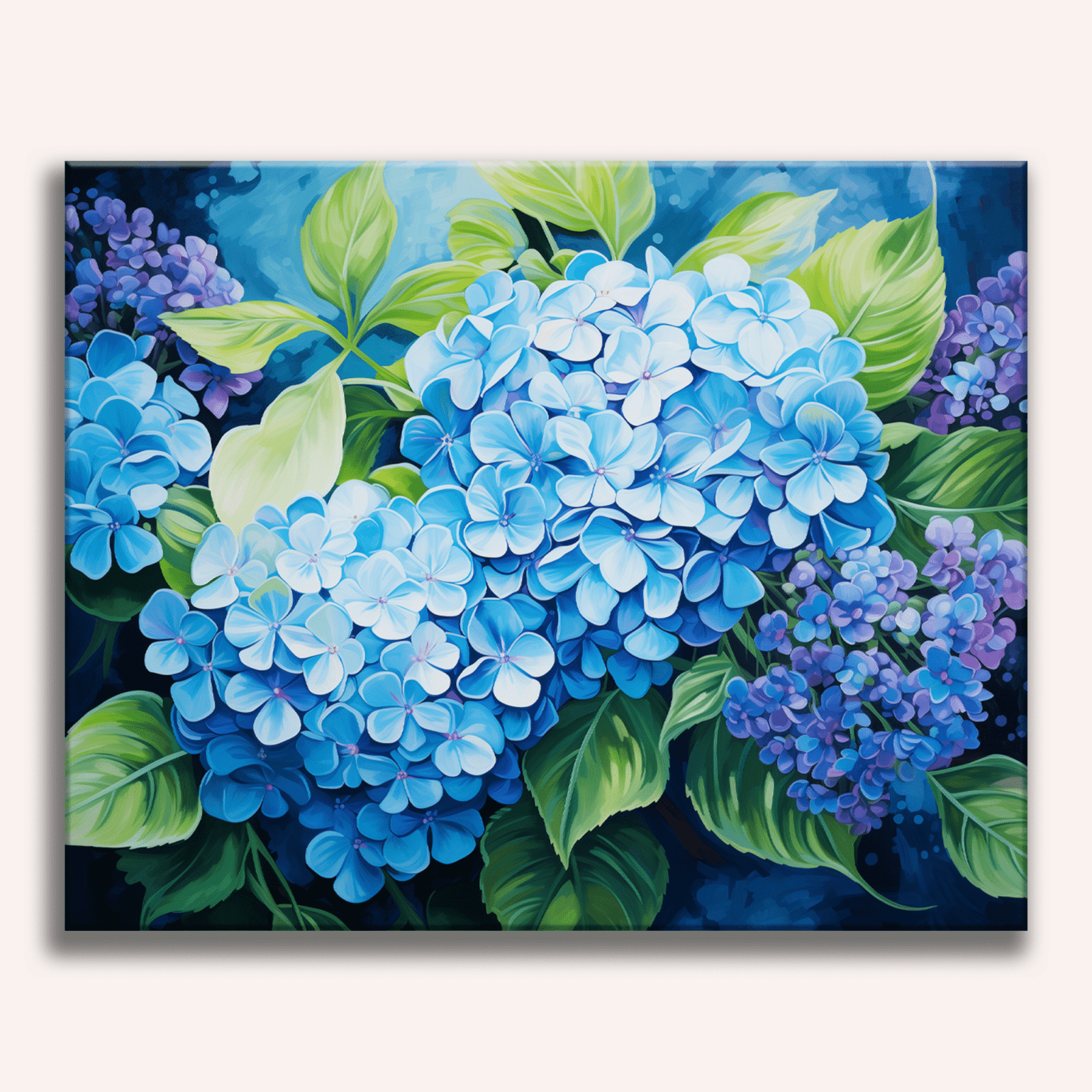 The image presents a captivating floral arrangement centered around large clusters of purple hydrangea blooms.