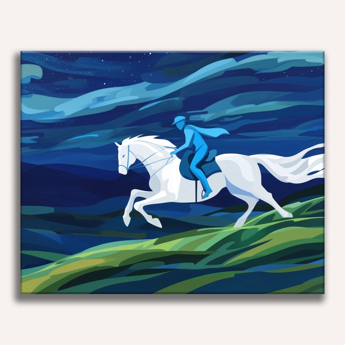 In the image, a person is depicted riding a horse on a mountainous trail at night.