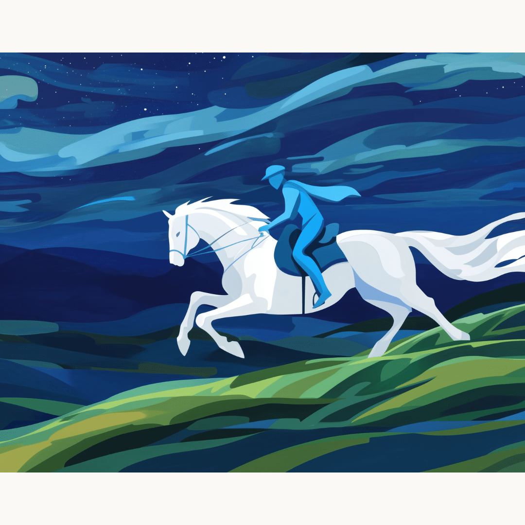 In the image, a person is depicted riding a horse on a mountainous trail at night.