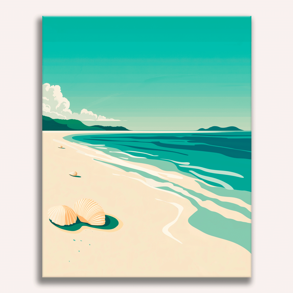 A flat design poster illustrating a serene beach scene at sunset.