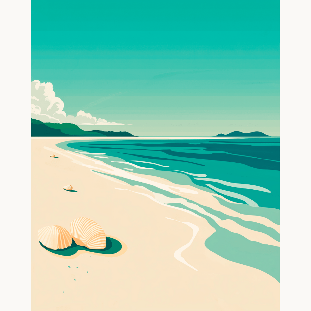 A flat design poster illustrating a serene beach scene at sunset.