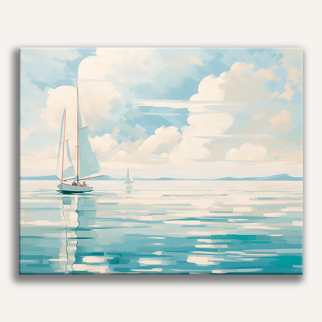 A painting depicts a serene seascape with a sailboat on calm waters under a partly cloudy sky.