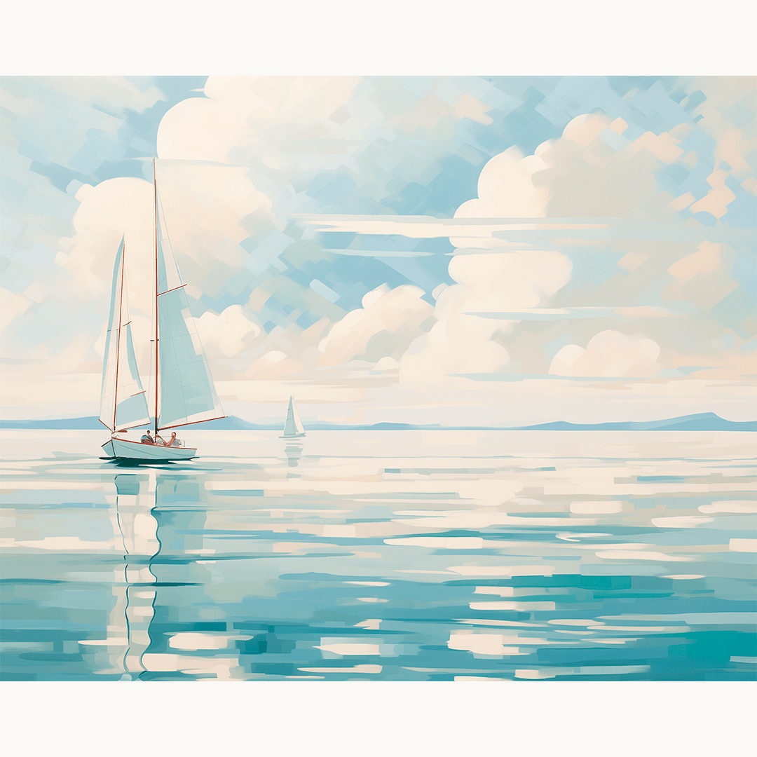 A painting depicts a serene seascape with a sailboat on calm waters under a partly cloudy sky.