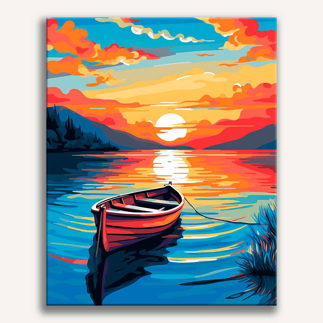 The image depicts a serene sunset scene featuring a calm lake.