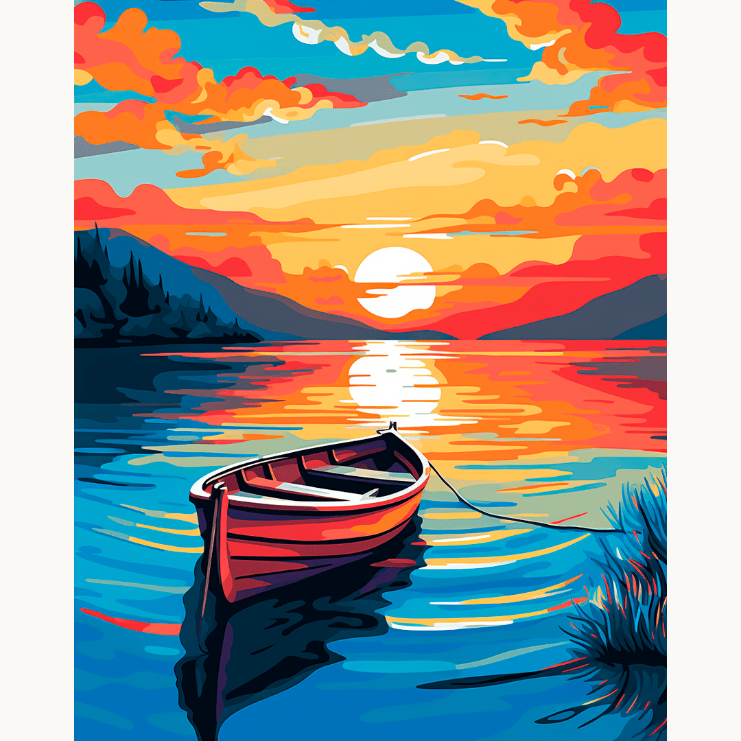 The image depicts a serene sunset scene featuring a calm lake.