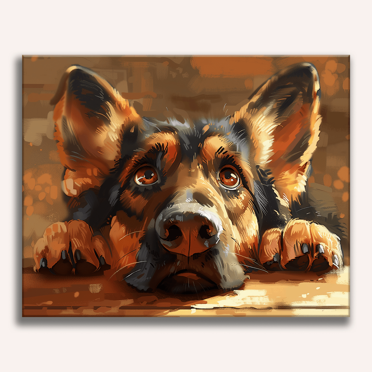 The image portrays a German Shepherd dog positioned behind a window pane.