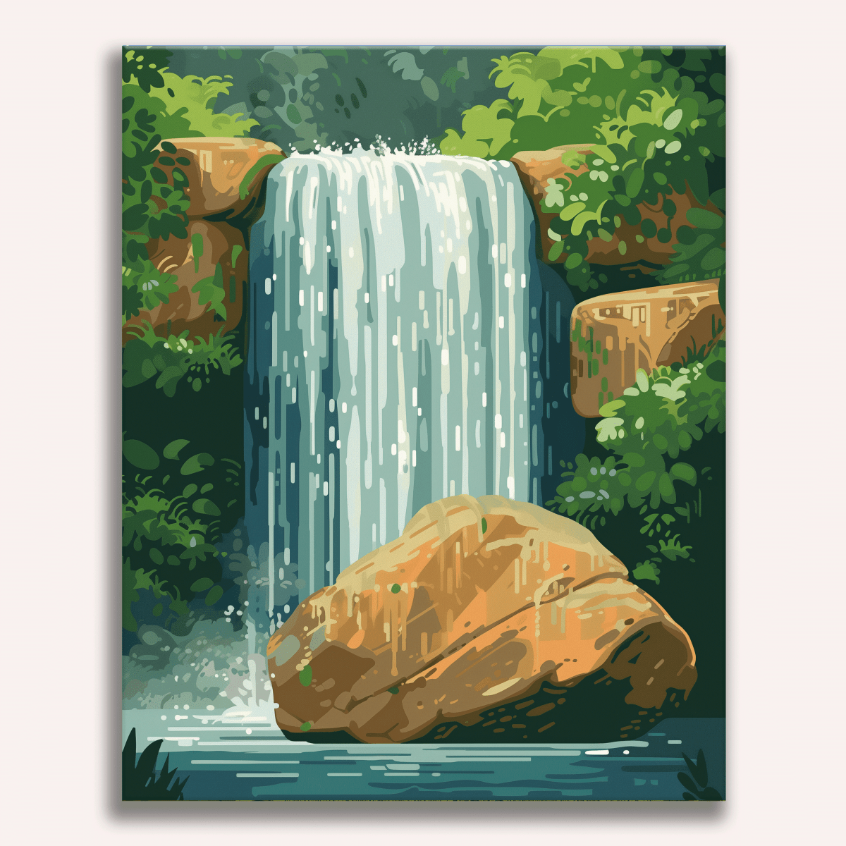 A serene landscape featuring a waterfall cascading over rocks, with lush greenery and blue sky surrounding the scene..