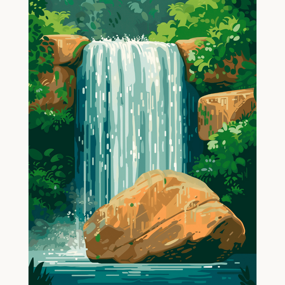 A serene landscape featuring a waterfall cascading over rocks, with lush greenery and blue sky surrounding the scene..