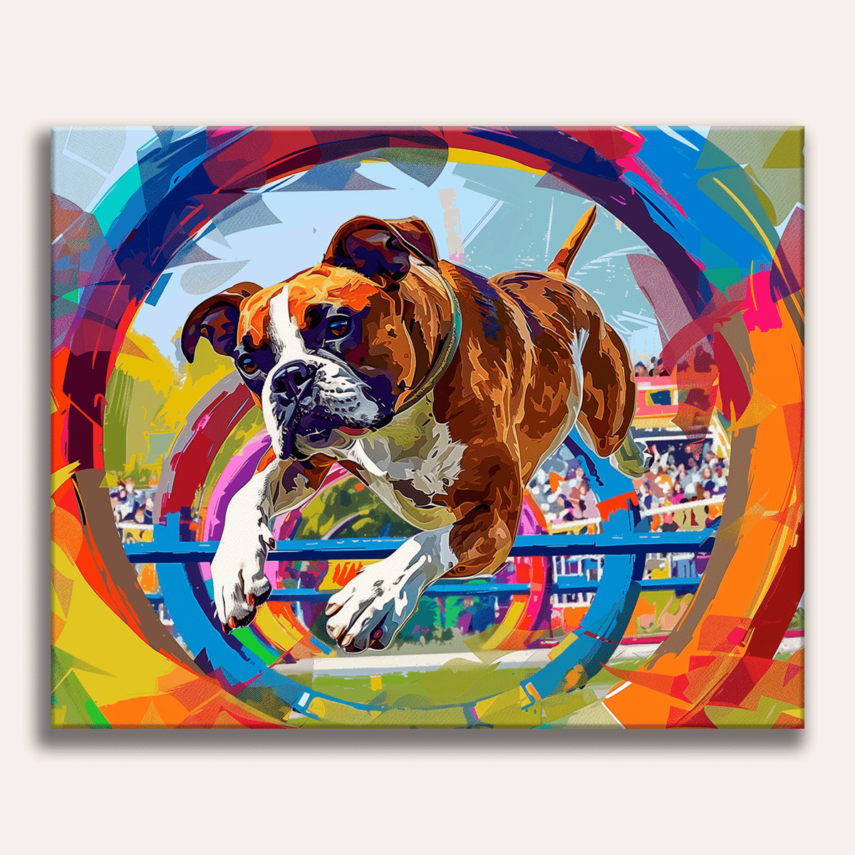 A colorful artwork depicts a small brown and white dog mid-air within a vibrant, multicolored ring, as if performing an acrobatic trick..