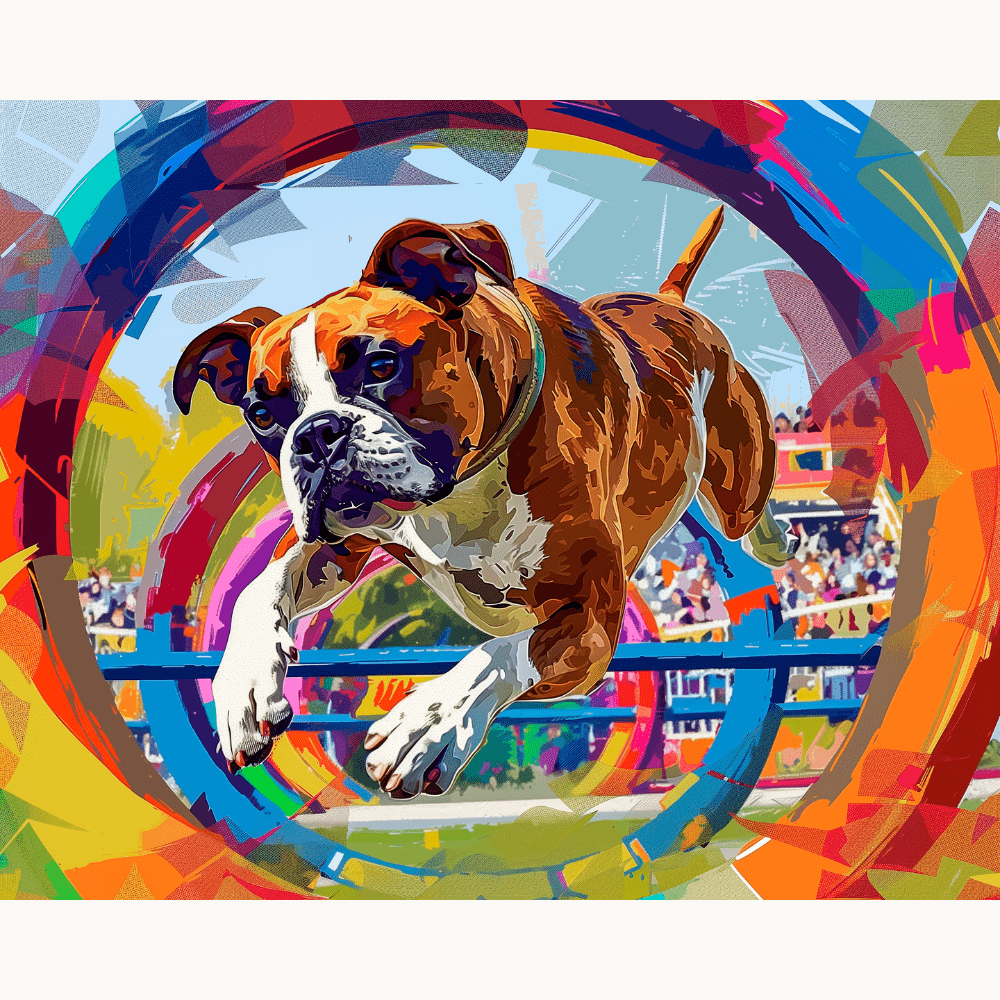 A colorful artwork depicts a small brown and white dog mid-air within a vibrant, multicolored ring, as if performing an acrobatic trick..
